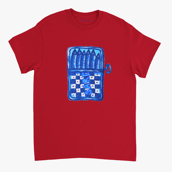 'Blue Sardines' Red Classic Tee by Grace Popplewell