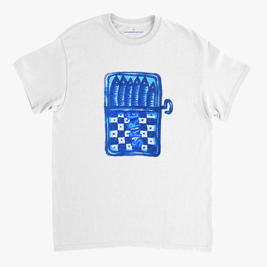 'Blue Sardines' White Classic Tee by Grace Popplewell