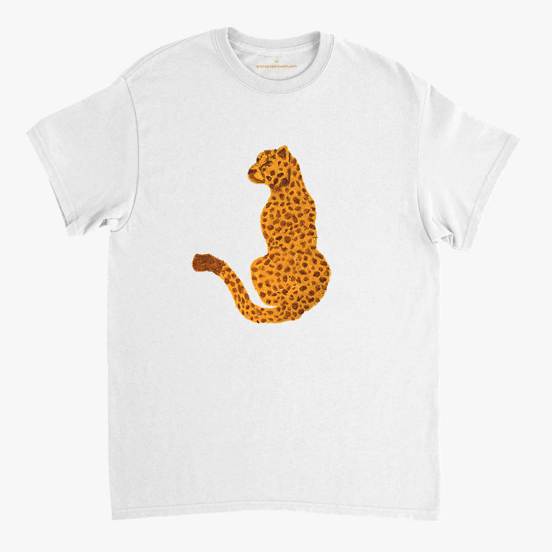 'Cheetah' White Classic Tee by Grace Popplewell