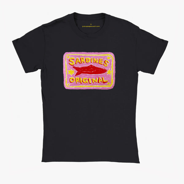 'Pink Sardines V1' Black Baby Tee by Grace Popplewell