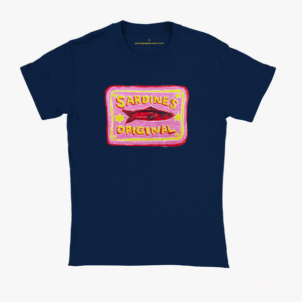 'Pink Sardines V1' Navy Baby Tee by Grace Popplewell