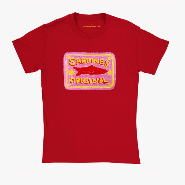 'Pink Sardines V1' Red Baby Tee by Grace Popplewell